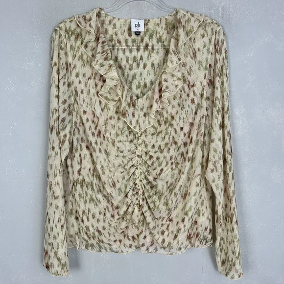 Cabi size XL Dapple top long sleeve ruched ruffle v-neck stretch mesh beige 4532 - Picture 1 of 14